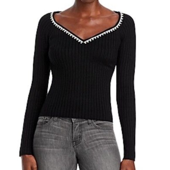 Aqua Sweaters - NWT AQUA JEWEL EMBELLISHED V-NECK RIBBED SWEATER